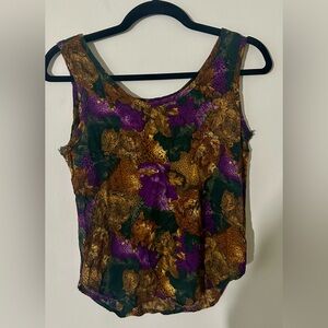 Vintage M.J. Carroll Floral Purple and Gold Sleeveless Tank Top